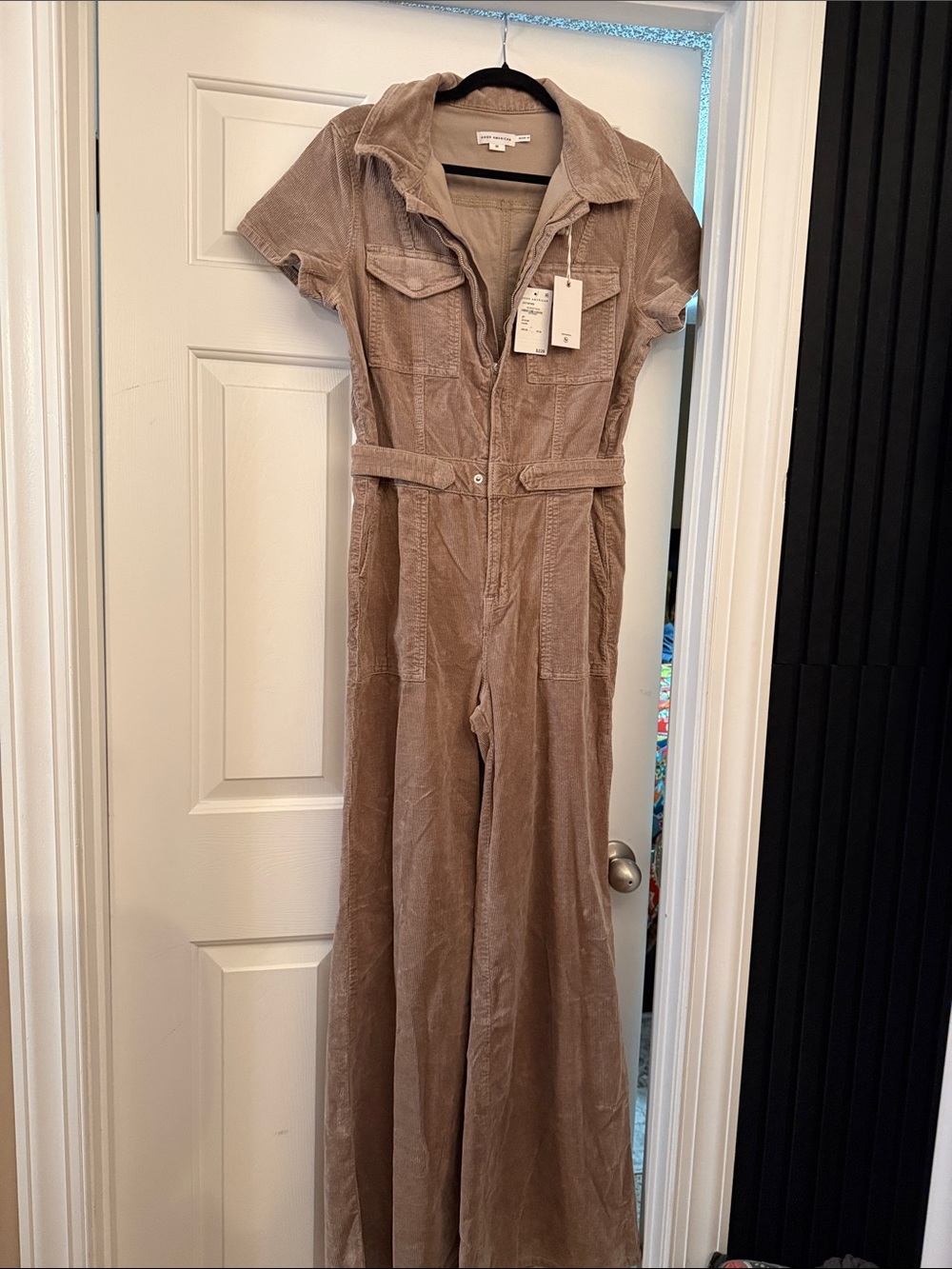 Good American Corduroy Short Sleeve Jumpsuit - Taupe